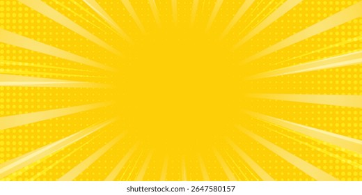 Yellow abstract background with light of sunburst. yellow starburst with halftone. sun ray retro background with flash