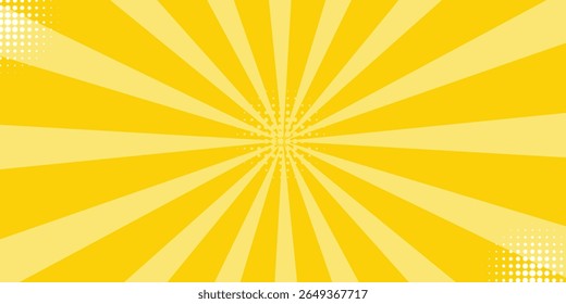 Yellow abstract background with light of sunburst. yellow starburst with halftone. sun ray retro background with flash