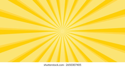 Yellow abstract background with light of sunburst. yellow starburst with halftone. sun ray retro background with flash