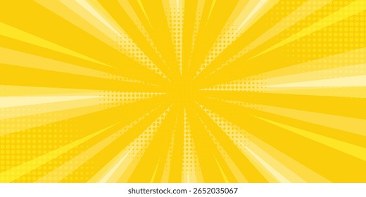 Yellow abstract background with light of sunburst. yellow starburst with halftone. sun ray retro background with flash