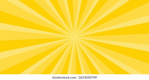 Yellow abstract background with light of sunburst. yellow starburst with halftone. sun ray retro background with flash