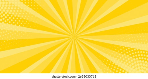 Yellow abstract background with light of sunburst. yellow starburst with halftone. sun ray retro background with flash