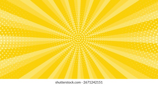 Yellow abstract background with light of sunburst. yellow starburst with halftone. sun ray retro background with flash