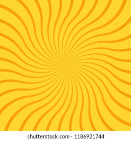 Yellow abstract background with radial rays, lines or stripes curving or swirling around center. Square backdrop with rotating illusion or dizzy effect. Bright colored modern vector illustration.