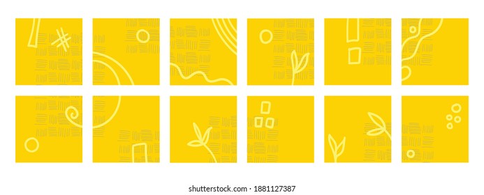 Yellow abstract backgrounds isolated on white background. Patterns, circles, scrolls, squares, and squiggly lines. Gray dashes create a certain texture. Suitable for social networks