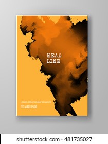 Yellow abstract design. Ink paint on brochure, Color element isolated on white. Grunge banner paints. Simple composition. Liquid ink. Background for banner, card, poster, identity, web design.