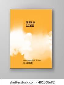 Yellow abstract design. Ink paint on brochure, Color element isolated on white. Grunge banner paints. Simple composition. Liquid ink. Background for banner, card, poster, identity, web design.