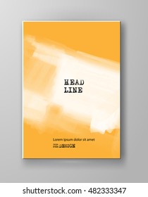Yellow abstract design. Ink paint on brochure, Color element isolated on white. Grunge banner paints. Simple composition. Liquid ink. Background for banner, card, poster, identity, web design.