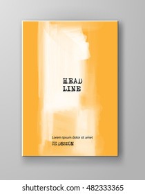Yellow abstract design. Ink paint on brochure, Color element isolated on white. Grunge banner paints. Simple composition. Liquid ink. Background for banner, card, poster, identity, web design.