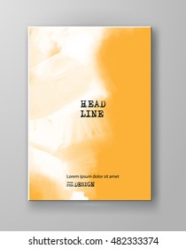 Yellow abstract design. Ink paint on brochure, Color element isolated on white. Grunge banner paints. Simple composition. Liquid ink. Background for banner, card, poster, identity, web design.