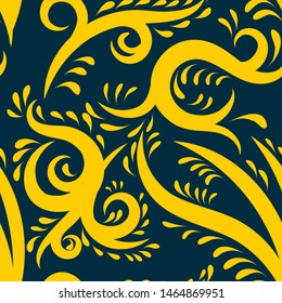 Yellow abstract floral elements on a dark background. seamless pattern. vector