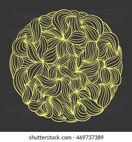 Yellow abstract flower line art in circle using doodle art on chalkboard background