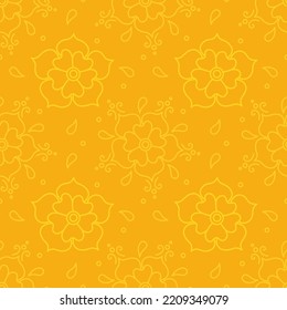 Yellow abstract flowers and patterns. Seamless background for printing on fabrics, packages. Flat style, doodle 