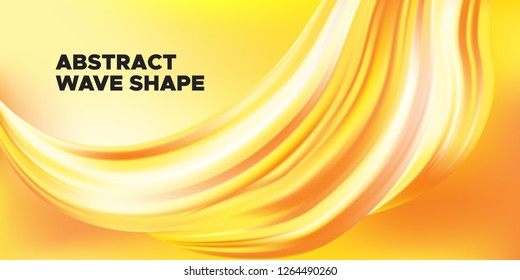 Yellow Abstract Fluid Background, Flow Poster. Wave Shape in Movement with 3d Effect. Brush Strokes Gold Paint. Abstract Waves with Gradient, Color Liquid Concept. Vector Background with Abstract Art.
