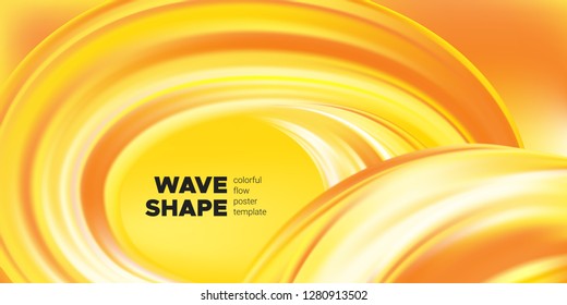 Yellow Abstract Fluid Background, Flow Poster. Wave Shape in Movement with 3d Effect. Brush Strokes Gold Paint. Abstract Waves with Gradient, Color Liquid Concept. Vector Background with Abstract Art.