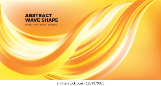 Yellow Abstract Fluid Background, Flow Poster. Wave Shape in Movement with 3d Effect. Brush Strokes Gold Paint. Abstract Waves with Gradient, Color Liquid Concept. Vector Background with Abstract Art.