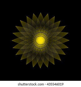 Yellow abstract geometric sign pattern.Beautiful illustration of design. Circular illustration . Decorative elements. Ornament for decor. Black background. Vector mandala .