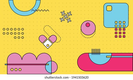 Yellow abstract geometric vector background on the theme of space with blue, lilac, pink elements