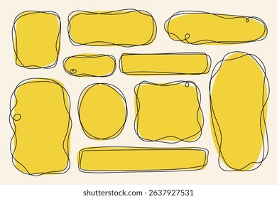 Yellow abstract hand drawn shapes with sketch style outline doodles modern geometric frames artistic irregular blobs isolated vector design elements for branding highlights or decoration