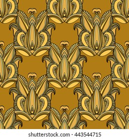 Yellow abstract Indian pattern. Seamless antique ornament gold colors. Decorative floral elements striped flowers. Repeatable damask background. Vector illustration.