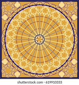 Yellow abstract lace background, square geometric pattern with ornate frame. Bandanna shawl fabric print, silk neck scarf or kerchief design, vector illustration.