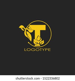 Yellow Abstract Nature Leaf letter T logo icon on circle design concept.