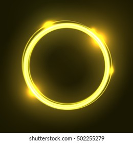 Yellow abstract neon round shape. Glowing vintage or futuristic frame. Simple electric symbol for advertisement or other design project. Vector illustration.