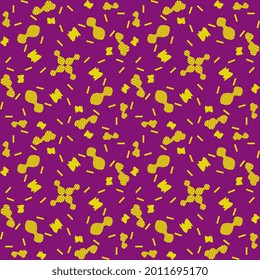 Yellow abstract pattern with different elements on a purple background. Seamless vector illustration for hoop, surface, packaging.
