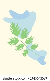 Yellow abstract poster with simple shapes and floral elements, branches and leaves. Trendy minimalist interior wall poster. Minimalist yellow banner in blue and green colors. Vector natural design