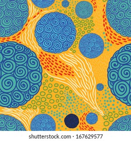 yellow abstract seamless pattern with circles, waves and blots
