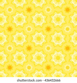 Yellow abstract seamless pattern with hearts,floral,ethnic elements. Vector illustration with fantasy circular patterns.Print for wallpaper,fabrics,textile,wrapping paper.