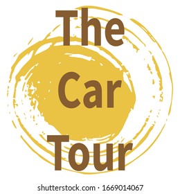 Yellow abstract spot in form of spiral. Lettering - The Car Tour. Text close up. Travelling by car. Trip around world. Planning your summer vacation. Tourism and vacation. Flat vector illustration.