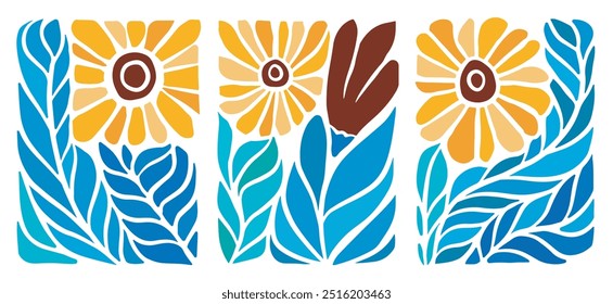 Yellow abstract sunflowers and red flower. Minimalist floral art with leaves in shades of blue and turquoise.