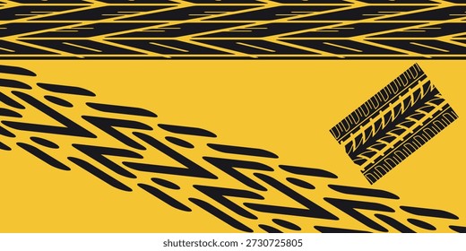 Yellow abstract tire track pattern with bold black marks. Urban graphic background inspired by motion