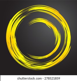 yellow Abstract vector bright painting design element. circle frame Drawing, Hand drawn. round shape background. smudges. black background. text box. Brochure. card. banner. label