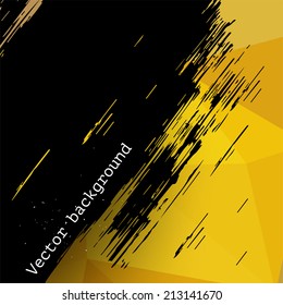 Yellow abstract vector triangle geometric background with grunge black brush stain, backdrop for design