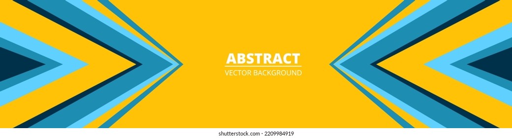 Yellow abstract wide horizontal banner with blue lines and arrow shapes. Modern sporty bright futuristic horizontal abstract background. Wide vector illustration.