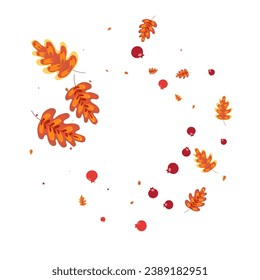Yellow Acorn Background White Vector. Plant Paper Texture. Red Leaf. Landscape Design. Orange Leaves Season.