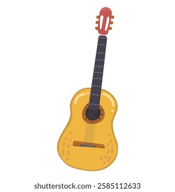 Yellow acoustic, classical, guitar. Cute musical instrument. Vector illustration for congratulations, cards, design, music school.