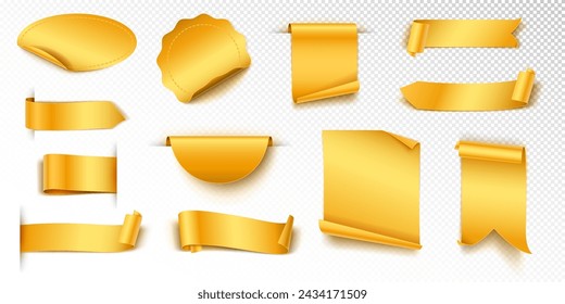 Yellow advertising tags realistic vector illustration set. Announcing about event badges and ribbons 3d models on transparent background