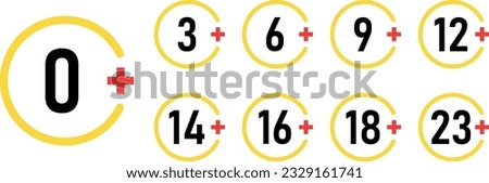 Yellow Age limit sign set ilustration. Adults content only age restriction 0, 3, 6, 12, 14, 16, 18, 21 plus years old icons collection. Censure warning age red plus