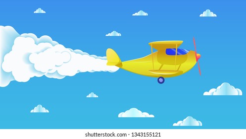 Yellow agricultural airplane flying among paper cut clounds in vector.