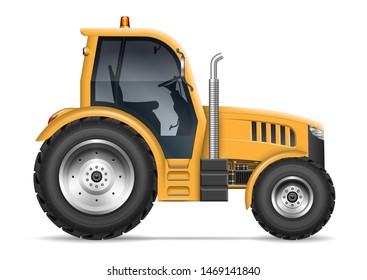 Yellow agricultural tractor with side view isolated on white background. All elements in the groups on separate layers for easy editing and recolor