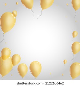 Yellow Air Background Gray Vector. Surprise Circus Border. Gold Wedding Baloon. Balloon Fly Illustration.