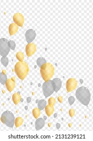 Yellow Air Background Transparent Vector. Helium Carnival Frame. Silver Inflatable Balloon. Surprise Shiny Template.