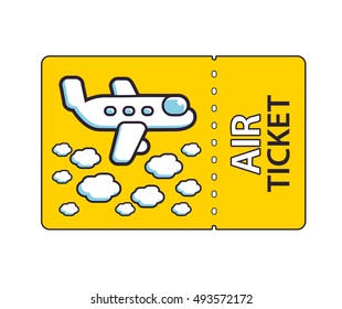Yellow air ticket with a jet airplane flying above clouds illustration, boarding pass icon for travel design.