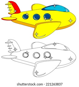 Yellow Aircraft With Portholes, Some Do Not Painted For A Children's Coloring Books, Vector Illustration