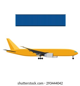 Yellow airplane and blue cargo container vector illustration. Worldwide delivery. Delivery icon