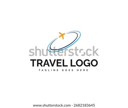 A yellow airplane flies through concentric blue and dark blue oval orbits against a clean white background. The text TRAVEL LOGO TAGLINE GOES HERE is displayed below.