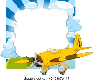 Gelbes Flugzeug, das unter einem Wolkenrahmen fliegt